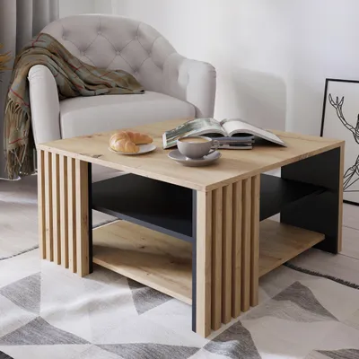 Produktbild von Forte CARDIGAN Couchtisch 80, moderner Sofatisch mit Ablage und Lamellendesign, Wohnzimmer, Holzwerkstoff, Artisan Eiche Holzdekor|Schwarz, 80 cm breit x 45 cm hoch x 80 cm tief