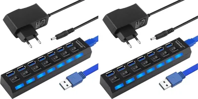 Produktbild von 2er Set 7-Port USB Hub mit Schaltern – USB 3.0/2.0 Verteiler mit Individuellen LED-Schaltern & 5V/2A Netzteil für Laptop, PC & USB-Geräte