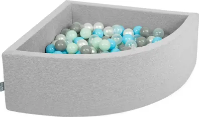 Zdjęcie produktu dla KiddyMoon suchy basen trójkątny z piłeczkami 7cm jasnoszary: perła-szary-transparent-babyblue-mięta 90x30cm/200piłek zabawka basen piankowy