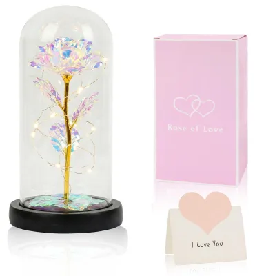 Ewige Rose im Glas mit LED-Licht, 20 warmweiße Lampen, 22 cm