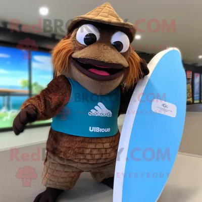Produktbild von Brauner REDBROKOLY Betta-Fisch Maskottchen Kostüm charakter bekleidet mit Boardshorts und Gürteln