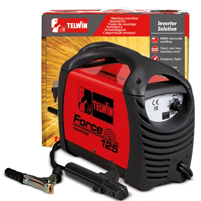 Image de TELWIN Force 125 Appareil de soudage à électrodes courant continu DC 10 - 80 A en kit avec porte-électrodes et garniture de raccordement à la masse