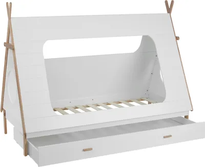 A white and wood-colored children's bed with a teepee-like structure and a pull-out drawer underneath.