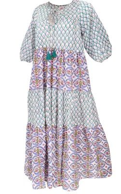 Produktbild von Boho Baumwoll Maxikleid, Gestuftes Sommerkleid, Oversize Patchworkkleid - Weiß/2, Damen, Baumwolle, Kleider