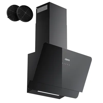 A black range hood with two charcoal filters shown against a white background.