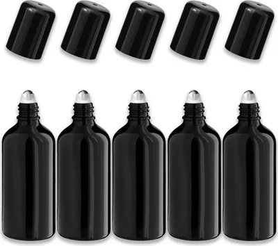 Produktbild von 5x Glasflasche schwarz 100 ml Roll-on mit schwarzem Verschluss Kosmetik