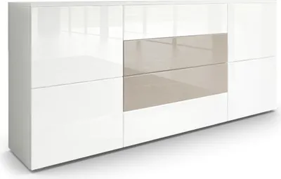Produktbild von Vladon Sideboard Rova,  Germany, Kommode mit 4 Türen und 4 Schubladen, Weiß matt/Weiß Hochglanz/Sandgrau Hochglanz (166 x 72 x 35 cm)