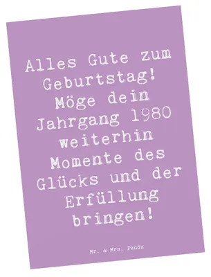 Produktbild von Mr. & Mrs. Panda Postkarte Spruch 1980 Geburtstag - Lavendeltraum - Geschenk, geboren, Glückwunsch, besondere Geschenke, Happy Birthday, bildkarte, Jahrgang, Postkarten