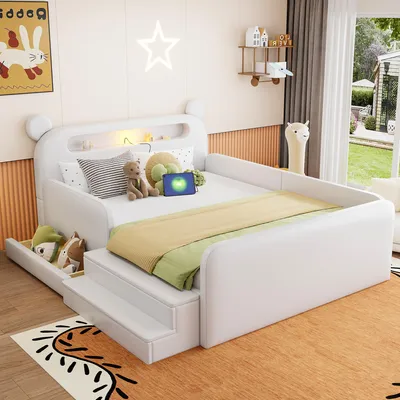 Productafbeelding van Gestoffeerd bed 140x200 cm, met LED-verlichting, met USB-aansluiting, met lades, met opbergruimte, met gestoffeerd hoofdeinde, wit