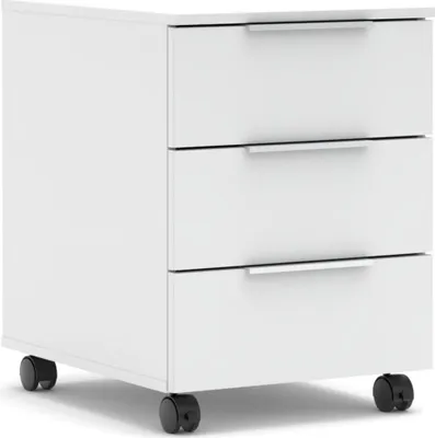 Rollcontainer SANTORIN Weiß & weißes Glas mit drei Schubladen und Rollen in Gesamtansicht.