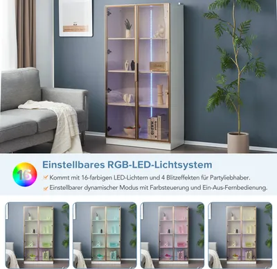 Produktbild von okwish Vitrinen Sideboard 2er-Set mit 16-farbiger LED-Beleuchtung, Vitrine Hochschrank mit Flügeltüren und beweglichen Einlegebödenfür Badezimmer, Wohnzimmer, Küche, 80*40*160 cm(einzeln), Weiß