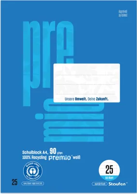 Produktbild von STAUFEN PREMIO 040751025 Schulblock LIN 25 - A4, 50 Blatt, 9 mm liniert mit Rand, 90 g/qm
