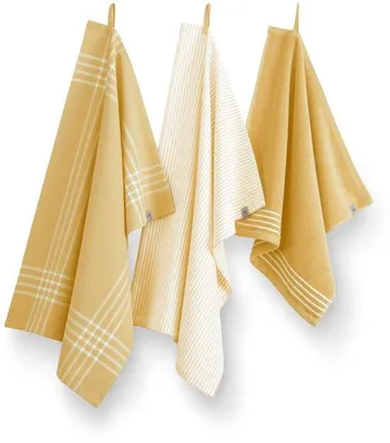Productafbeelding van Unyqoos® Walra Superior set van 3 keuken- en theedoeken – 2x 50x70 + 1x 50x50, 100% katoen, geel/wit, gestreept en geruit, met ophangoog