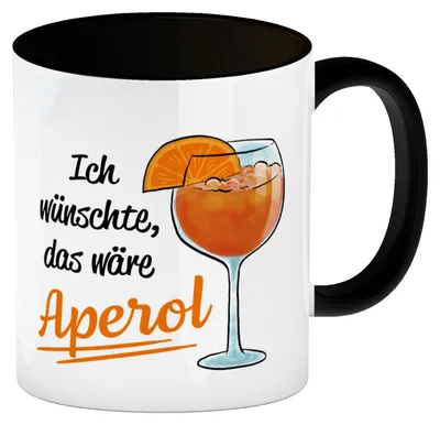 Produktbild von Cocktail Kaffeebecher in schwarz mit Spruch Ich wünschte das wäre Aperol