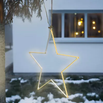 A star-shaped LED light decoration hangs from a tree branch in front of a house with snow on the ground.