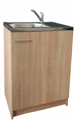 A standalone kitchen cabinet with a sink and faucet.