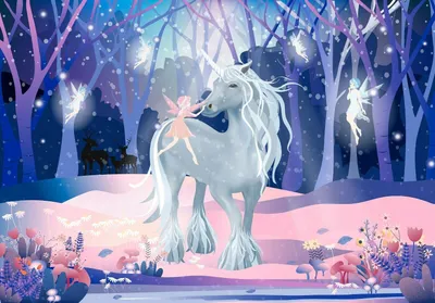 Produktbild von Vlies Fototapete Einhorn Kinderzimmer (368x254cm - 4 Bahnen) Mädchen Pony Fantasy Märchen Wandtapete Tapete Latexdruck UV-Beständig Geruchsfrei Hohe Auflösung Montagefertig