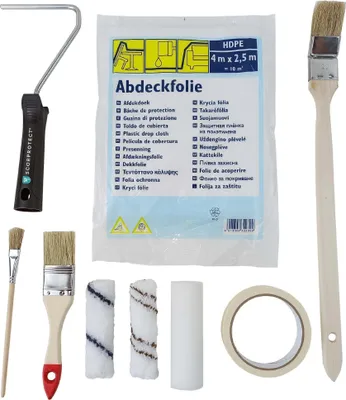 Produktbild von Scorprotect® Profi-Renovier-Set 9-teilig für Malerarbeiten mit Farbroller, Walzen, Pinsel, Folie & Kreppband