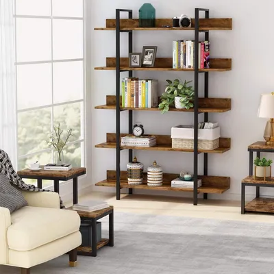 Productafbeelding van Boekenkast met 5 niveaus, industriële vintage stijl, magazijnrek met geleiderails, 105 x 29,5 x 180 cm