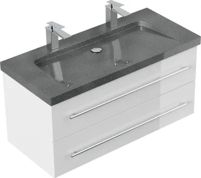 Produktbild von Badmöbel Granit G654 YAMO 100 cm 2 Hahnlöcher SoftClose weiß hochglanz