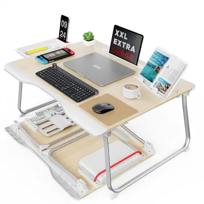 Obrázok produktu pre Prenosný stolík na notebook s zásuvkou a držiakom na knihy, ergonomický, 65x49 cm, skladací, vhodný na gauč a posteľ