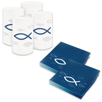 Produktbild von itenga 6x Windlicht + 40x Servietten - Fisch - blau weiß