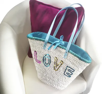 Produktbild von Damentasche "Love" aus Seegras mit Pailetten, Strandtasche, Einkaufstasche, Shopper