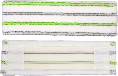 Two microfiber mop pads are shown, one above the other. The top pad is shown from the front, and the bottom pad is shown from the back.