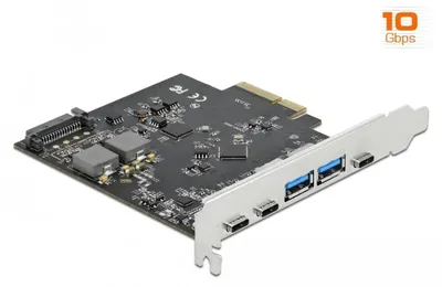 Produktbild von DeLOCK PCI Express x4 Karte zu 3 x USB Type-C + 2 x USB Typ-A - SuperSpeed USB 10 Gbps, PCIe, USB 3.2 Gen 2 (3.1 Gen 2), SATA 15-Pin, China, 10 Gbit/s, 5 - 50 °C