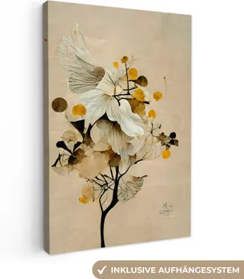 Produktbild von MuchoWow® - Leinwandbilder - Blumen - Pflanzen - Gold - Vintage, Wandbild, Wanddeko Bilder Wohnzimmer, 80x120 cm