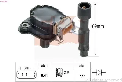 Produktbild von Zündspule Modell 1.970.354 mit 0,41 Ohm Widerstand und Zündkerzenstecker