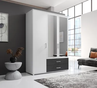 Produktbild von Kleiderschrank "Ivar" in Weiß Abs. Graphit mit 2 Schubladen und 3 Türen. Abmessungen (BxHxT) 125x190x51 cm