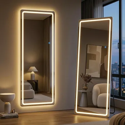 Obrázek produktu pro Zrcadlo do celé postavy s osvětlením, rozměry 161x50 cm, stojací zrcadlo s LED osvětlením, stmívatelné, 3 barvy světla, hliníková slitina
