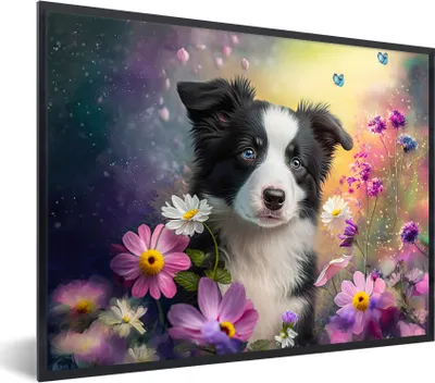 Produktbild von MuchoWow® Gerahmtes Poster Hund - Blumen - Natur - Welpe - Border Collie 40x30 cm - Poster mit Schwarzem Bilderrahmen Wandposter Rahmen Foto Bilder - Kunstposter - Wanddekorationen