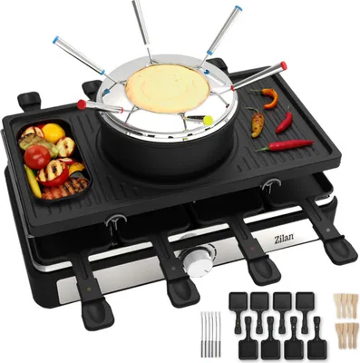 A Zilan raclette grill with fondue set is displayed on a white background, showcasing its grilling surface, fondue pot, and accessories.