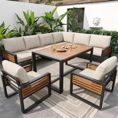 Produktbild von Flieks Gartenlounge-Set 7-teilig, Gartensofa mit Ecksofa, Stuhl und Tisch, Gartenmöbelset mit Kissen für 8 Personen, Gartengarnitur Sofagarnitur Beige