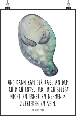 Produktbild von Mr. & Mrs. Panda Bild Seekuh Happy DIN A2 - Weiß - Geschenk, Freundin, Wanddekoration, Achtsamkeit, drucke, Neuanfang, Kunstdruck, Wandbild, Respekt, Liebeskummer, Meer