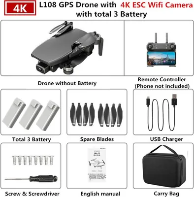 Produktbild von GPS Drohne L108 mit 4K ESC HD Dual Kamera 5G Wifi FPV Flow Folgen RC Quadcopter Brushless Faltbare Hubschrauber VS SG906 Black 3 Batterie