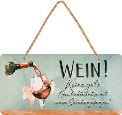 Produktbild von Retro Blechschilder Sprüche lustig - WEIN! Keine gute Geschichte hat je mit einem Salat angefangen! - Vintage Metallschild mit Spruch