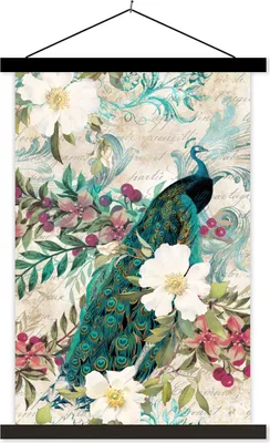 Produktbild von MuchoWow® Textilposter Kunst - Pfau - Blumen 60x90 cm mit schwarzem Rahmen - Poster Wohnzimmer
