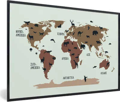 Produktbild von MuchoWow® Gerahmtes Poster Weltkarte Kinder - Tiere - Braun 90x60 cm - Poster mit Schwarzem Bilderrahmen Wandposter Rahmen Foto Bilder - Fotorahmen - Foto-Plakat