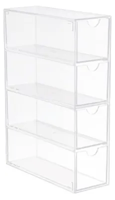 Zdjęcie produktu dla Pudełko z 4 szufladami do przechowywania okularów – przezroczysty akrylowy stojak na okulary przeciwsłoneczne, który można ustawiać jeden na drugim, idealny do przechowywania kosmetyków i artykułów biurowych