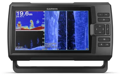 A Garmin Striker Vivid 9sv fish finder is shown from the front.
