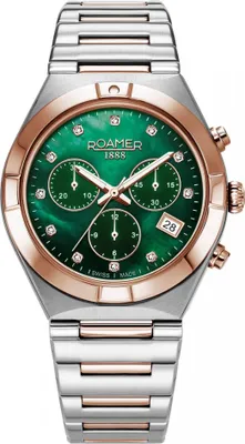 Produktbild von Die Damen-Armbanduhr ROAMER 987837 49 70 20 in grünem Fashion-Sportdesign mit Diamanten.