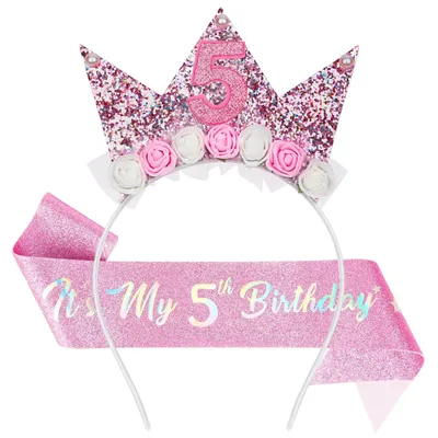 Geburtstagskrone für Mädchen, 5 Jahre, mit Schärpe und Tiara-Set
