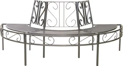 A curved metal bench designed to fit around a tree.