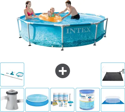 Produktbild von Intex Rundrahmen-Schwimmbecken – 305 x 76 cm – Wasserdruck – inklusive Pumpe Sonnensegel - Wartungspaket - Filter - Bodenplane - Reinigungskit - Solarmatte