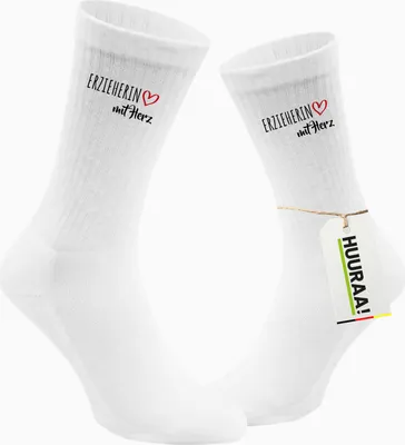 Produktbild von Huuraa Uni Socken Erzieherin mit Herz 37/41 White Baumwolle Tennissocken Geschenkidee