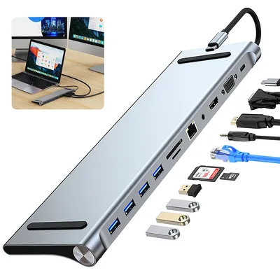 Produktbild von Hubs, 11-in-1 Docking Station USB C Hub, USB C Adapter für 3 Displays 2 HDTV 4K, VGA, USB 3.0/2.0, USB C,SD/TF Kartenleser, Ethernet, PD 100W