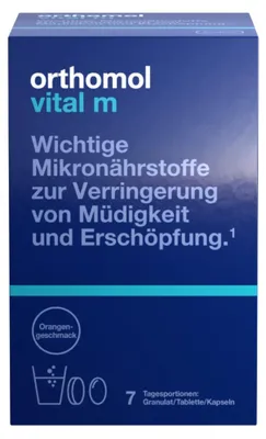 Produktbild von Orthomol Vital m für Männer - bei Müdigkeit - mit B-Vitaminen und Omega-3-Fettsäuren - Orangen-Geschmack - Granulat/Tabletten/Kapseln, 7 St. Tagesportionen